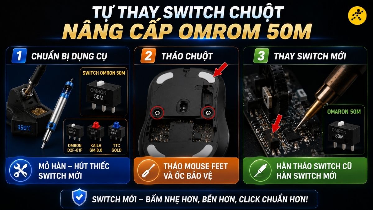 Tự thay switch chuột mới n&acirc;ng cấp l&ecirc;n Switch Omron 50M