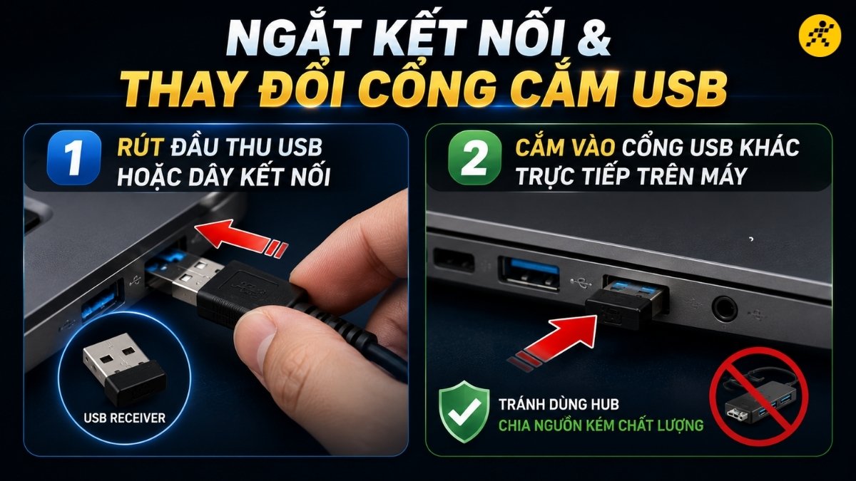 Ngắt kết nối và thay đổi cổng cắm USB Ngắt kết nối và thay đổi cổng cắm USB
