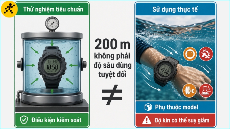 Mức chống nước 200 m được xác định trong điều kiện thử nghiệm và không bảo đảm độ kín vĩnh viễn trong mọi cách sử dụng Mức chống nước 200 m được xác định trong điều kiện thử nghiệm và không bảo đảm độ kín vĩnh viễn trong mọi cách sử dụng