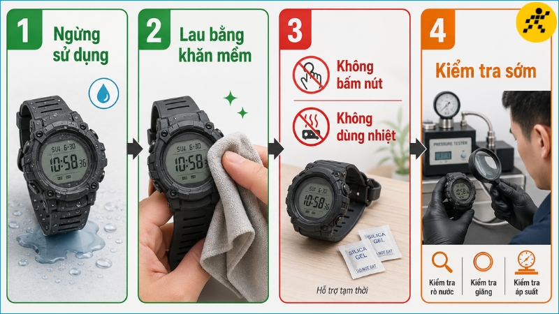 Khi G-Shock có dấu hiệu vào nước, hãy ngừng sử dụng, lau khô bên ngoài và kiểm tra kỹ thuật sớm Khi G-Shock có dấu hiệu vào nước, hãy ngừng sử dụng, lau khô bên ngoài và kiểm tra kỹ thuật sớm
