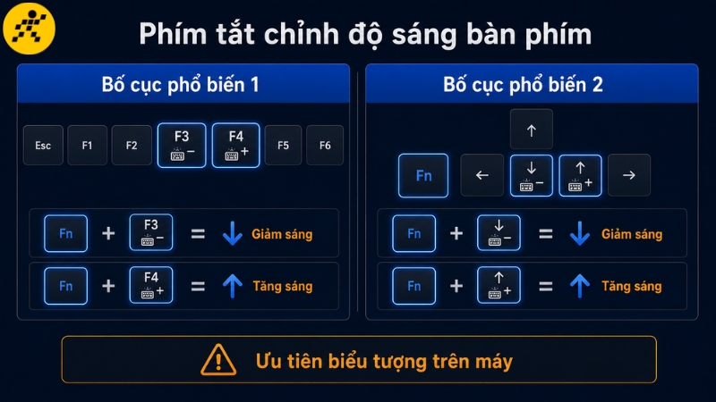 Vị trí phím tăng giảm độ sáng có thể khác giữa các model Vị trí phím tăng giảm độ sáng có thể khác giữa các model