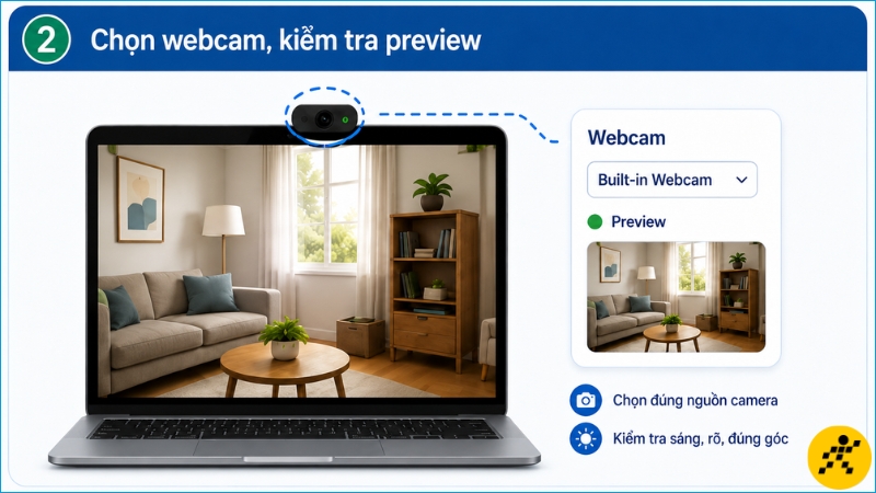 Chọn đúng webcam và kiểm tra hình ảnh preview để bảo đảm góc quay, độ sáng và độ rõ phù hợp Chọn đúng webcam và kiểm tra hình ảnh preview để bảo đảm góc quay, độ sáng và độ rõ phù hợp