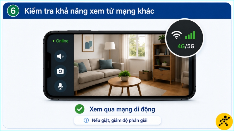 Tắt Wi-Fi và dùng mạng 4G/5G để kiểm tra khả năng xem camera từ bên ngoài cùng độ ổn định của video Tắt Wi-Fi và dùng mạng 4G/5G để kiểm tra khả năng xem camera từ bên ngoài cùng độ ổn định của video