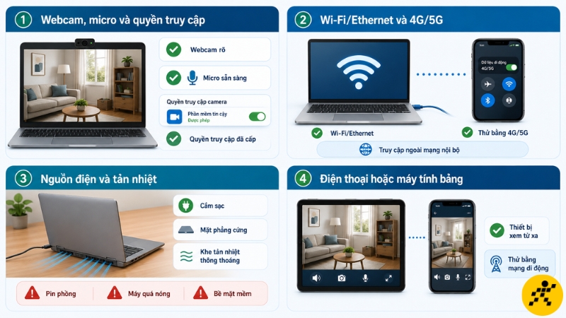 Kiểm tra webcam, mạng, nguồn điện và thiết bị xem trước khi bắt đầu Kiểm tra webcam, mạng, nguồn điện và thiết bị xem trước khi bắt đầu
