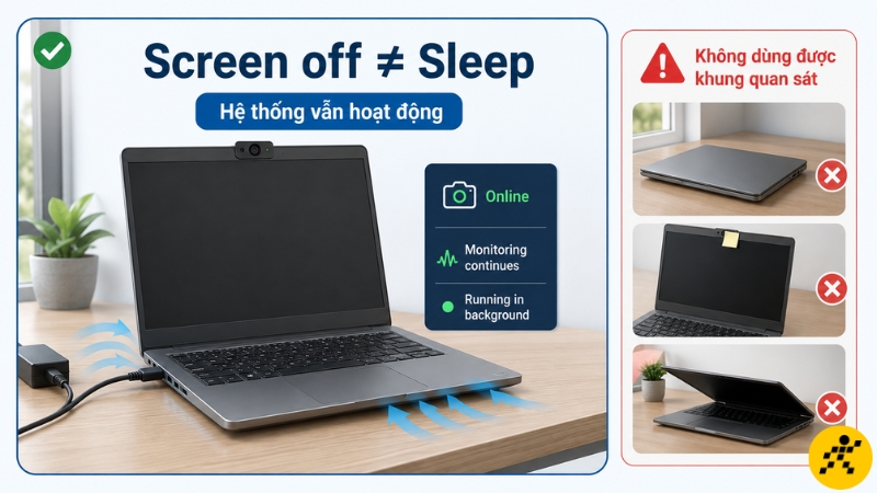 Tắt màn hình nhưng giữ máy hoạt động và để webcam mở ở góc quan sát cố định Tắt màn hình nhưng giữ máy hoạt động và để webcam mở ở góc quan sát cố định