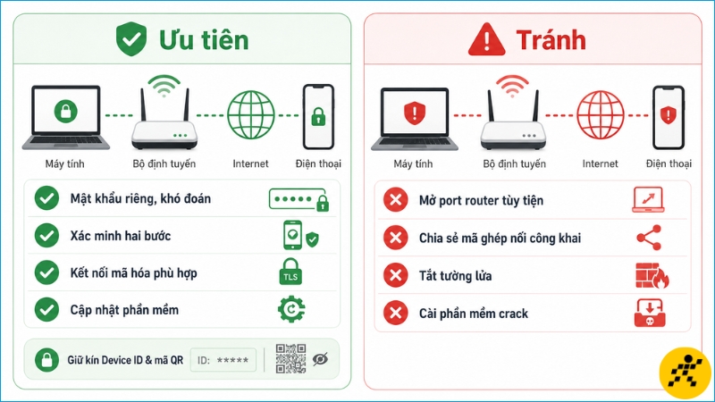 Ưu tiên kết nối mã hóa, bật 2FA và không công khai mã ghép nối hoặc mở port tùy tiện Ưu tiên kết nối mã hóa, bật 2FA và không công khai mã ghép nối hoặc mở port tùy tiện