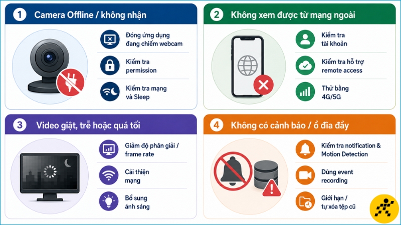 Xác định đúng triệu chứng trước khi kiểm tra camera, tài khoản, mạng, ánh sáng hoặc dung lượng lưu trữ Xác định đúng triệu chứng trước khi kiểm tra camera, tài khoản, mạng, ánh sáng hoặc dung lượng lưu trữ