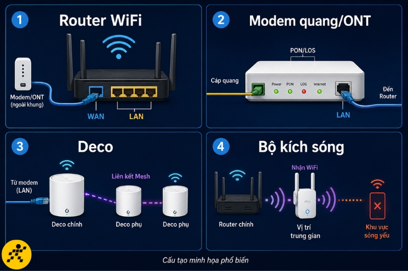 Xác định đúng router, modem quang, Deco hoặc bộ kích sóng giúp lựa chọn đúng vị trí và cách kiểm tra Xác định đúng router, modem quang, Deco hoặc bộ kích sóng giúp lựa chọn đúng vị trí và cách kiểm tra