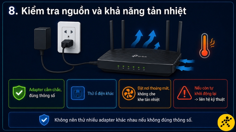 Kiểm tra adapter, ổ điện và khả năng tản nhiệt; đặt router ở nơi thông thoáng để hạn chế quá nóng và tự khởi động lại Kiểm tra adapter, ổ điện và khả năng tản nhiệt; đặt router ở nơi thông thoáng để hạn chế quá nóng và tự khởi động lại