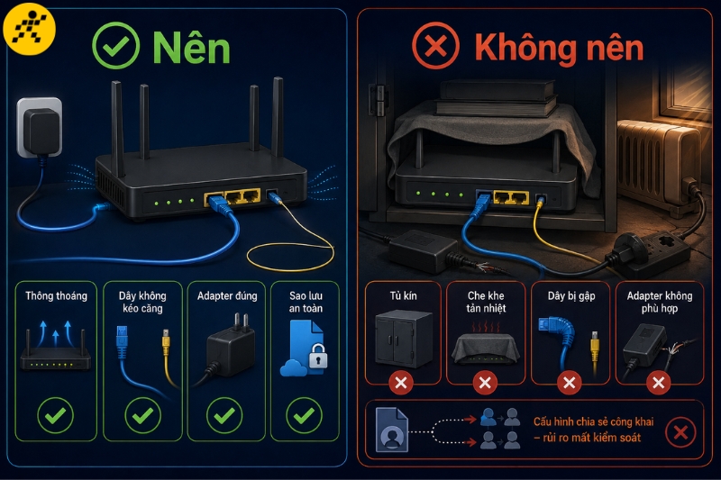 Vị trí thông thoáng, nguồn điện phù hợp và dây kết nối được bảo vệ giúp router hoạt động ổn định hơn Vị trí thông thoáng, nguồn điện phù hợp và dây kết nối được bảo vệ giúp router hoạt động ổn định hơn