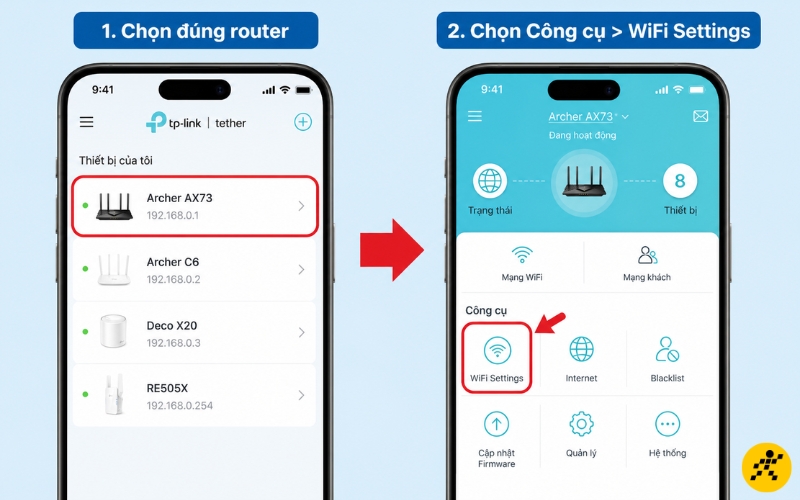 Chọn router > Nhấn chọn Công cụ > Chọn WiFi Settings Chọn router > Nhấn chọn Công cụ > Chọn WiFi Settings