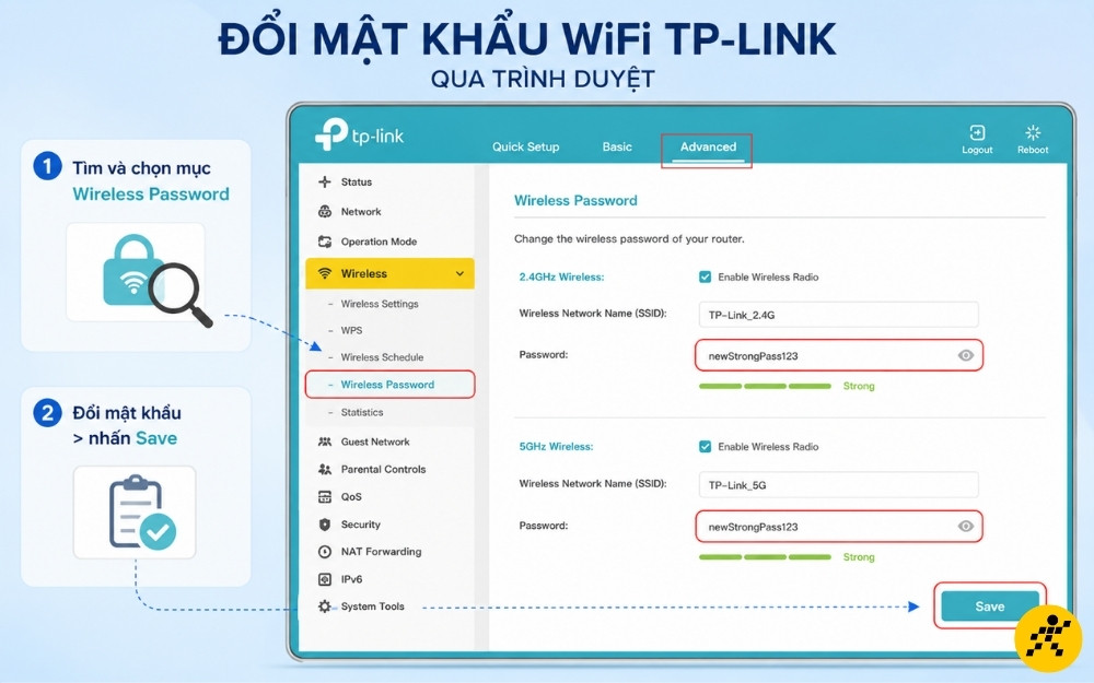 Đổi mật khẩu trong Wireless Password và nhấn Save Đổi mật khẩu trong Wireless Password và nhấn Save