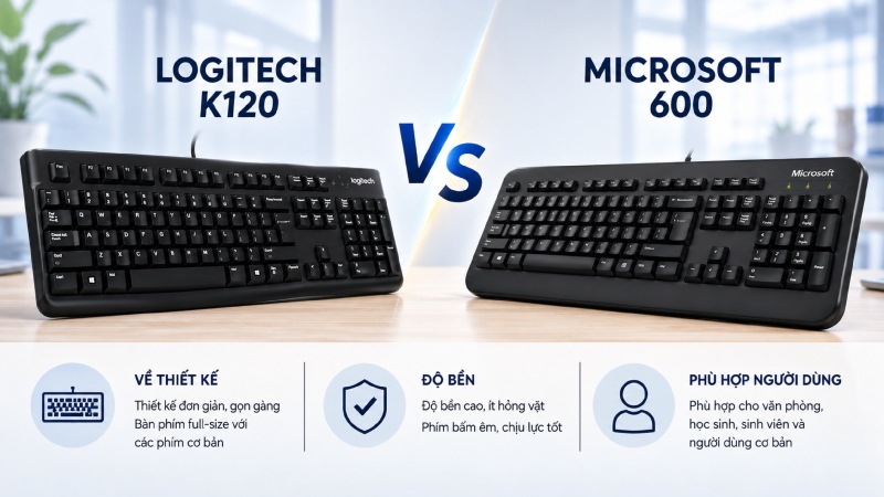 So s&aacute;nh tổng quan giữa Logitech K120 v&agrave; Microsoft 600