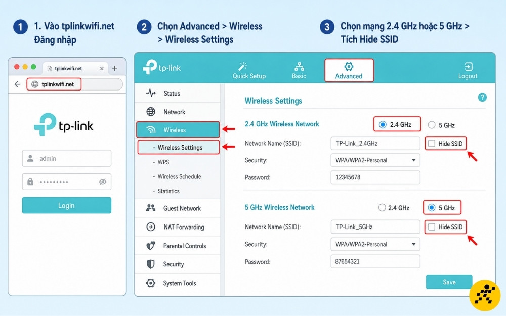 Tại mục Advanced > Wireless > Wireless Settings > chọn Hide SSID rồi Lưu Tại mục Advanced > Wireless > Wireless Settings > chọn Hide SSID rồi Lưu