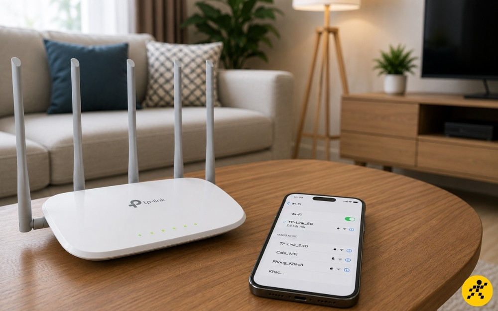 Chuẩn bị sẵn điện thoại đang kết nối với router TP-Link Chuẩn bị sẵn điện thoại đang kết nối với router TP-Link