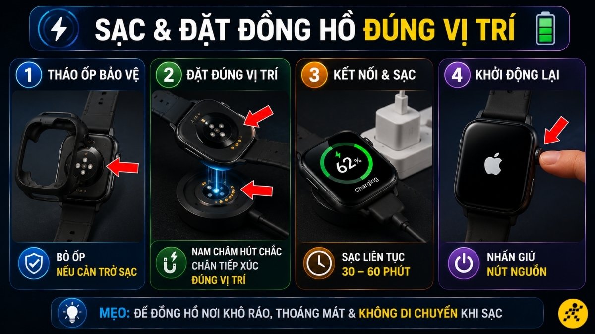 Sạc và đặt đồng hồ đúng vị trí trên đế sạc Sạc và đặt đồng hồ đúng vị trí trên đế sạc