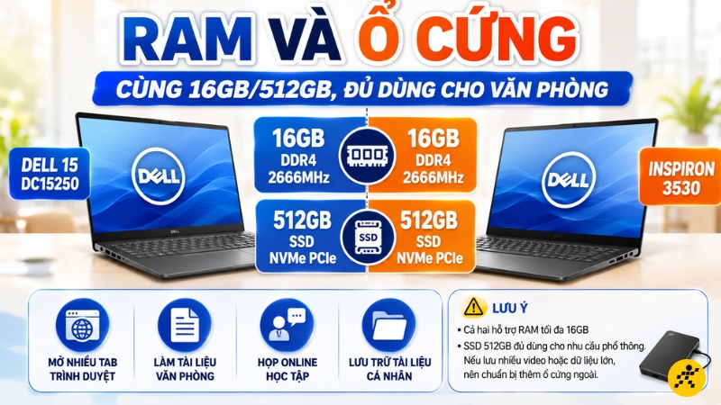 RAM và ổ cứng: Cùng 16GB/512GB, đủ dùng cho văn phòng RAM và ổ cứng: Cùng 16GB/512GB, đủ dùng cho văn phòng