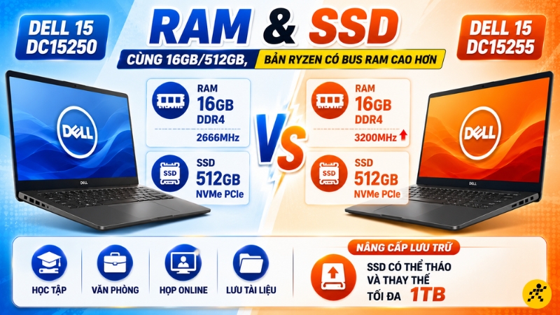 RAM v&agrave; SSD: C&ugrave;ng 16GB/512GB, bản Ryzen c&oacute; bus RAM cao hơn