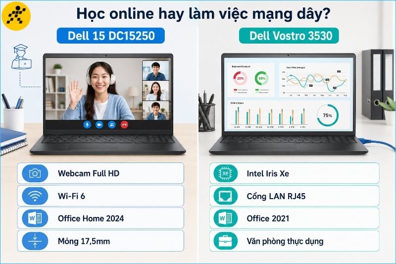 Dell 15 DC15250 mạnh về học trực tuyến, c&ograve;n Vostro 3530 c&oacute; lợi thế đồ họa t&iacute;ch hợp v&agrave; mạng LAN