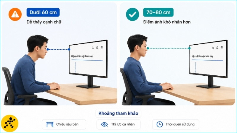 Ngồi cách màn hình khoảng 70–80 cm có thể giúp điểm ảnh Full HD bớt dễ nhận thấy hơn Ngồi cách màn hình khoảng 70–80 cm có thể giúp điểm ảnh Full HD bớt dễ nhận thấy hơn