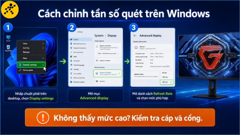 Sau khi kết nối màn hình, người dùng cần chọn đúng Refresh Rate để sử dụng mức 100Hz hoặc 165Hz Sau khi kết nối màn hình, người dùng cần chọn đúng Refresh Rate để sử dụng mức 100Hz hoặc 165Hz