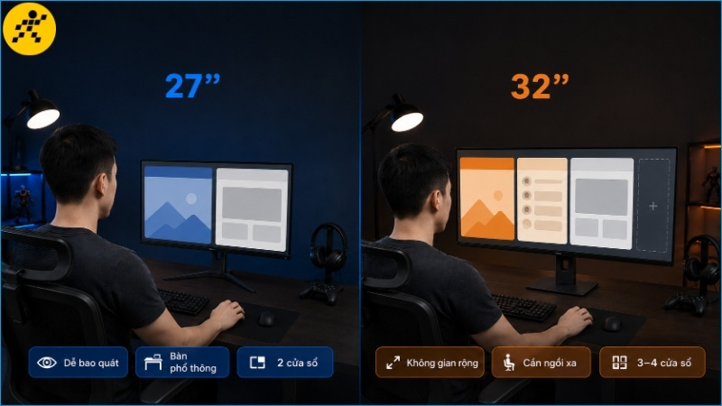 Màn hình 27 inch dễ bao quát, còn 32 inch cho không gian rộng nhưng cần khoảng cách ngồi phù hợp Màn hình 27 inch dễ bao quát, còn 32 inch cho không gian rộng nhưng cần khoảng cách ngồi phù hợp