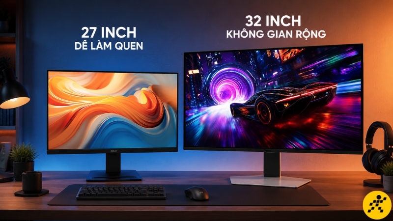 Màn hình 27 inch dễ dùng, 32 inch rộng hơn nhưng cần bàn đủ sâu để nhìn tốt hơn Màn hình 27 inch dễ dùng, 32 inch rộng hơn nhưng cần bàn đủ sâu để nhìn tốt hơn
