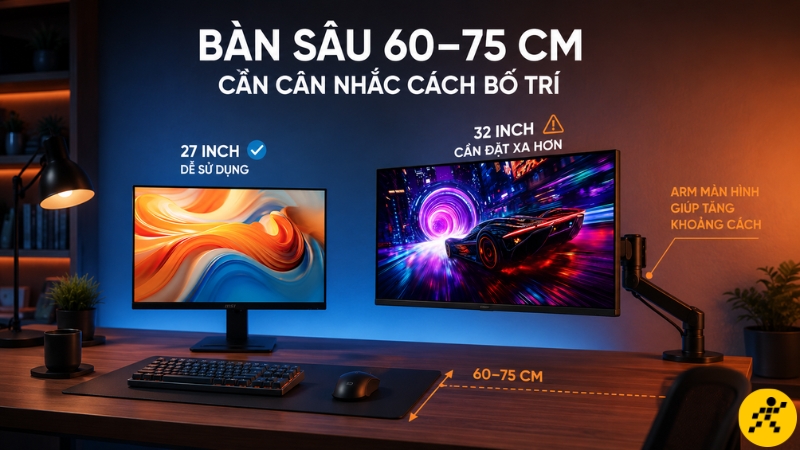 Với bàn sâu 60–75 cm, cần bố trí màn hình hợp lý để tránh ngồi gần, giảm mỏi cổ Với bàn sâu 60–75 cm, cần bố trí màn hình hợp lý để tránh ngồi gần, giảm mỏi cổ