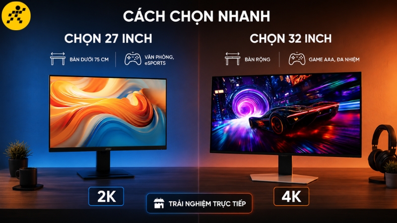 Chọn 27 hay 32 inch: dựa trên độ sâu bàn, độ phân giải và nhu cầu sử dụng chính Chọn 27 hay 32 inch: dựa trên độ sâu bàn, độ phân giải và nhu cầu sử dụng chính