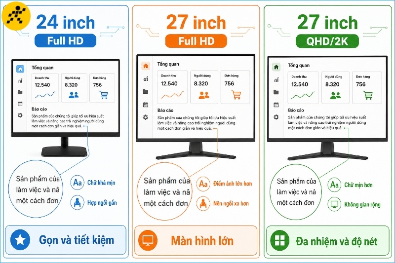 Cùng độ phân giải Full HD, màn hình 24 inch thường cho cảm giác chữ mịn hơn 27 inch khi quan sát ở khoảng cách gần Cùng độ phân giải Full HD, màn hình 24 inch thường cho cảm giác chữ mịn hơn 27 inch khi quan sát ở khoảng cách gần