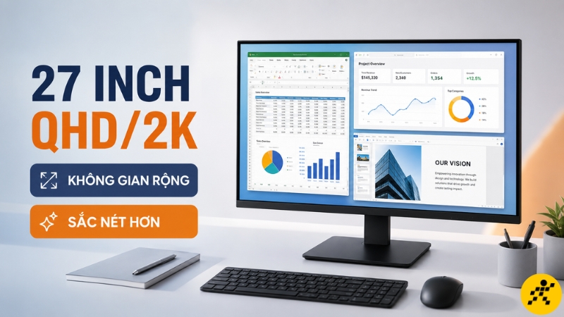 Màn hình 27 inch QHD/2K cho không gian rộng, chữ sắc nét, đa nhiệm hiệu quả hơn Màn hình 27 inch QHD/2K cho không gian rộng, chữ sắc nét, đa nhiệm hiệu quả hơn