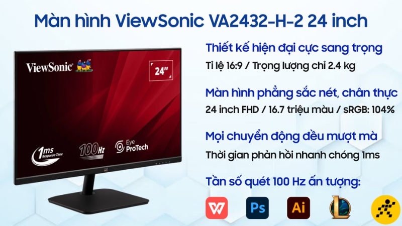 Màn hình 24 inch Full HD phù hợp bàn nhỏ, học tập và công việc cơ bản hằng ngày Màn hình 24 inch Full HD phù hợp bàn nhỏ, học tập và công việc cơ bản hằng ngày