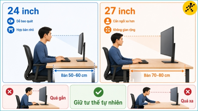 Màn hình 27 inch cần mặt bàn sâu và khoảng cách quan sát rộng hơn để người dùng giữ tư thế thoải mái Màn hình 27 inch cần mặt bàn sâu và khoảng cách quan sát rộng hơn để người dùng giữ tư thế thoải mái