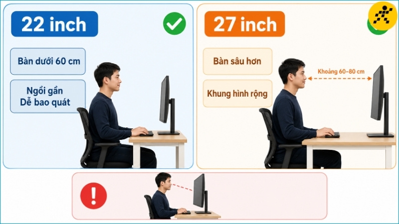 Màn hình 22 inch phù hợp bàn nông, còn màn hình 27 inch cần khoảng cách khoảng 60–80 cm để dễ quan sát Màn hình 22 inch phù hợp bàn nông, còn màn hình 27 inch cần khoảng cách khoảng 60–80 cm để dễ quan sát