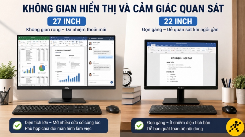 Màn hình 27 inch cho không gian rộng, còn 22 inch gọn, dễ quan sát khi ngồi gần Màn hình 27 inch cho không gian rộng, còn 22 inch gọn, dễ quan sát khi ngồi gần