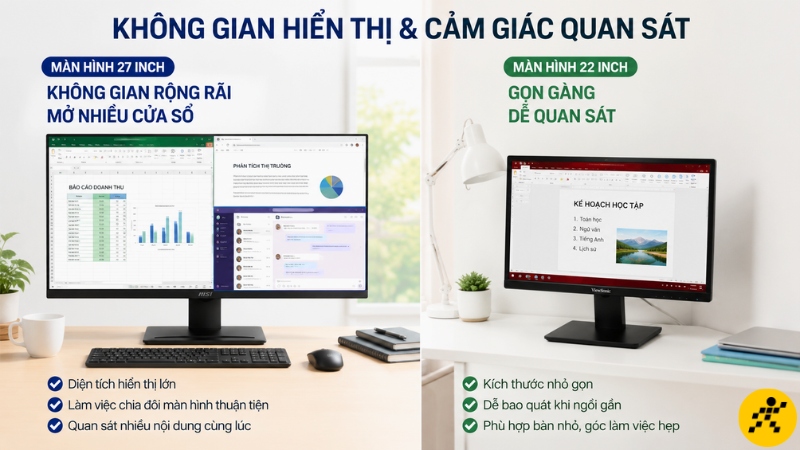Màn hình 27 inch hỗ trợ đa nhiệm tốt, còn 22 inch phù hợp các tác vụ cơ bản hơn Màn hình 27 inch hỗ trợ đa nhiệm tốt, còn 22 inch phù hợp các tác vụ cơ bản hơn