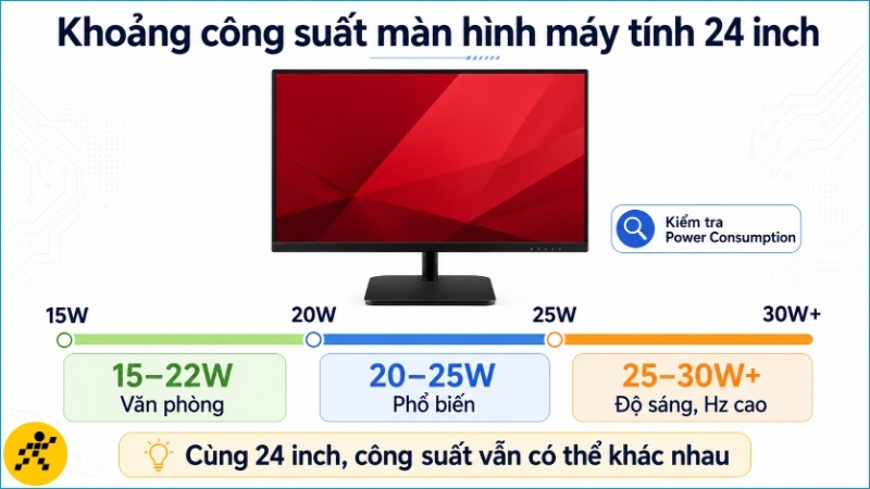 Màn hình 24 inch thường dùng khoảng 15W–30W tùy cấu hình hiển thị và cách sử dụng Màn hình 24 inch thường dùng khoảng 15W–30W tùy cấu hình hiển thị và cách sử dụng