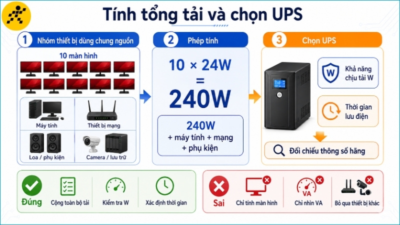 Khi chọn UPS, cần cộng công suất màn hình với máy tính, thiết bị mạng và các tải hoạt động đồng thời Khi chọn UPS, cần cộng công suất màn hình với máy tính, thiết bị mạng và các tải hoạt động đồng thời