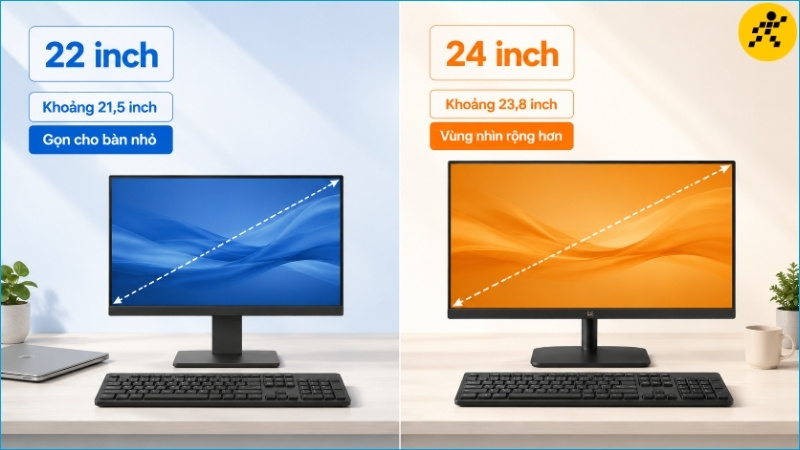 Màn hình 24 inch lớn hơn đủ rõ khi đặt cạnh màn hình 22 inch trong cùng một góc làm việc Màn hình 24 inch lớn hơn đủ rõ khi đặt cạnh màn hình 22 inch trong cùng một góc làm việc