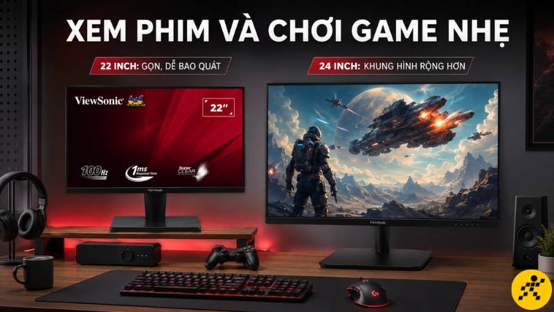 24 inch: cho khung hình rộng, 22 inch: hợp xem phim, chơi game nhẹ khi ngồi gần 24 inch: cho khung hình rộng, 22 inch: hợp xem phim, chơi game nhẹ khi ngồi gần