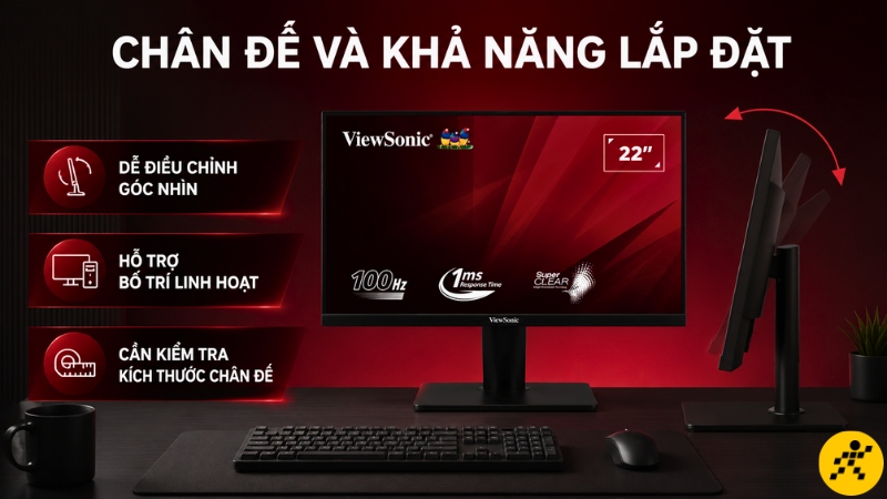 Chân đế linh hoạt giúp chỉnh góc nhìn, tối ưu tư thế và bố trí bàn làm việc hơn Chân đế linh hoạt giúp chỉnh góc nhìn, tối ưu tư thế và bố trí bàn làm việc hơn
