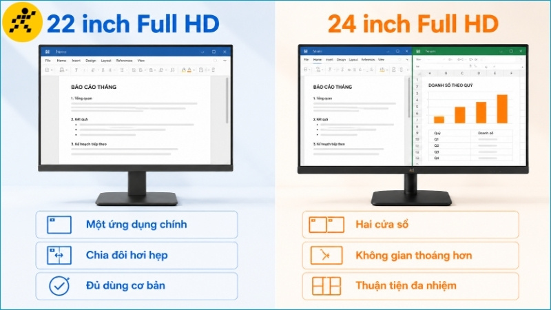 Màn hình 24 inch thuận tiện hơn khi chia đôi cửa sổ, còn 22 inch phù hợp với một tác vụ chính Màn hình 24 inch thuận tiện hơn khi chia đôi cửa sổ, còn 22 inch phù hợp với một tác vụ chính