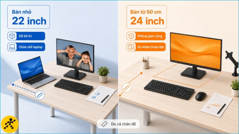 Kích thước mặt bàn và chân đế ảnh hưởng trực tiếp đến việc chọn màn hình 22 inch hay 24 inch Kích thước mặt bàn và chân đế ảnh hưởng trực tiếp đến việc chọn màn hình 22 inch hay 24 inch