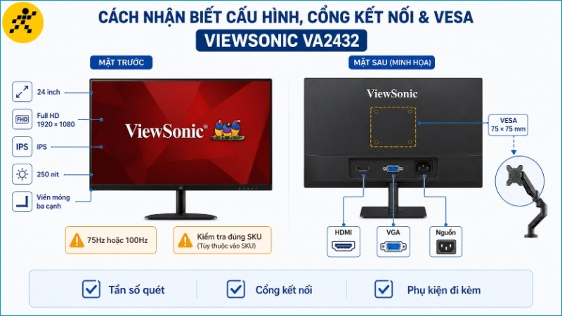 VA2432 có cấu hình phù hợp nhu cầu phổ thông, nhưng người mua cần kiểm tra đúng SKU, tần số quét và cổng kết nối VA2432 có cấu hình phù hợp nhu cầu phổ thông, nhưng người mua cần kiểm tra đúng SKU, tần số quét và cổng kết nối
