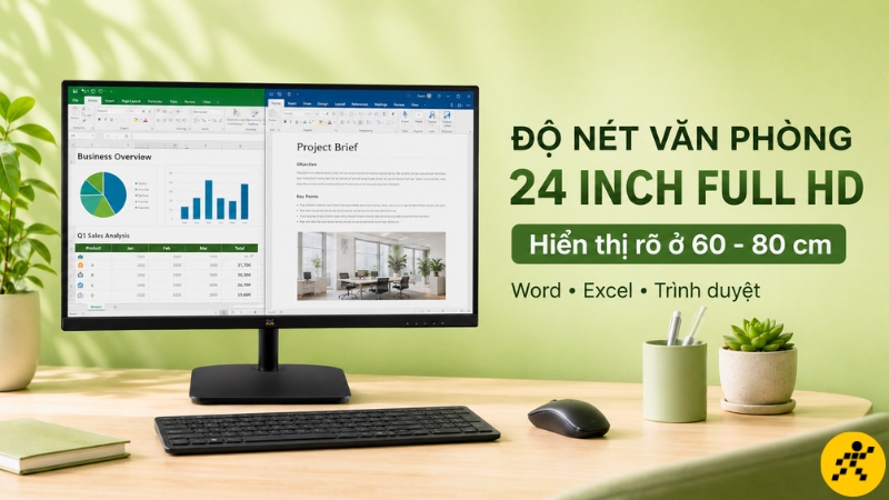 Màn hình 24 inch Full HD cho chữ rõ, hỗ trợ Word, Excel và đa nhiệm ổn định tốt Màn hình 24 inch Full HD cho chữ rõ, hỗ trợ Word, Excel và đa nhiệm ổn định tốt