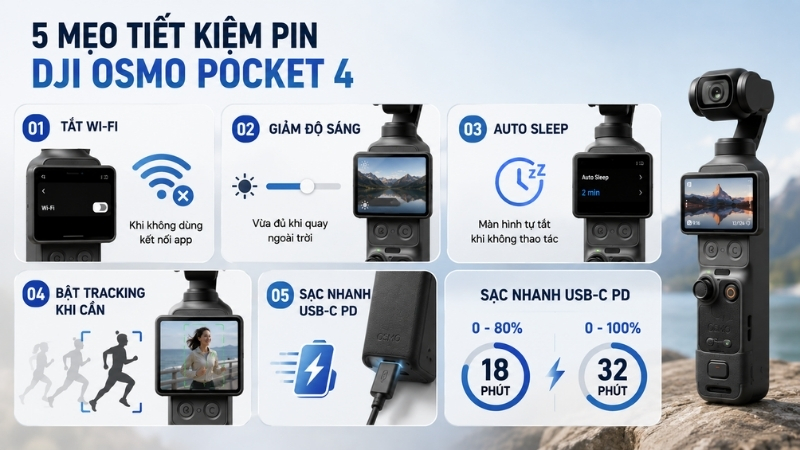 Mẹo k&eacute;o d&agrave;i thời lượng pin DJI Osmo Pocket 4