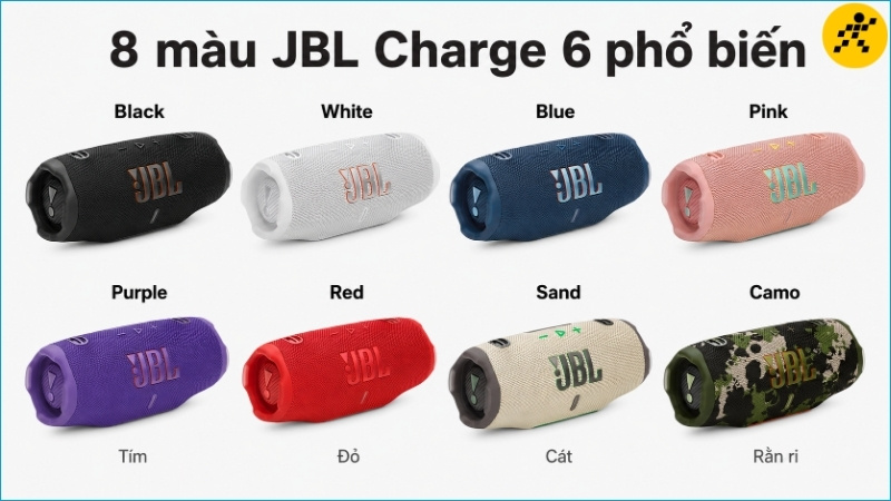 JBL Charge 6 được nhắc đến phổ biến với 8 lựa chọn màu từ trung tính đến nổi bật và rằn ri JBL Charge 6 được nhắc đến phổ biến với 8 lựa chọn màu từ trung tính đến nổi bật và rằn ri