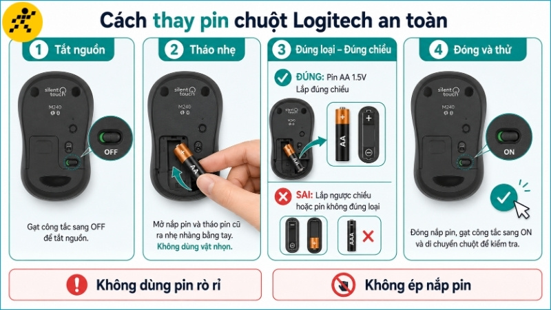 Tắt nguồn, lắp đúng loại pin và đúng chiều cực trước khi đóng nắp và kiểm tra chuột Tắt nguồn, lắp đúng loại pin và đúng chiều cực trước khi đóng nắp và kiểm tra chuột