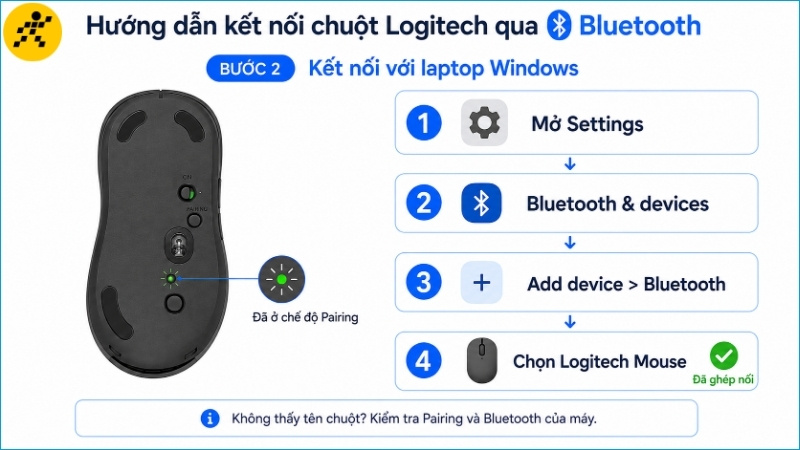 Mở Bluetooth tr&ecirc;n Windows, chọn t&ecirc;n chuột Logitech v&agrave; chờ gh&eacute;p nối ho&agrave;n tất