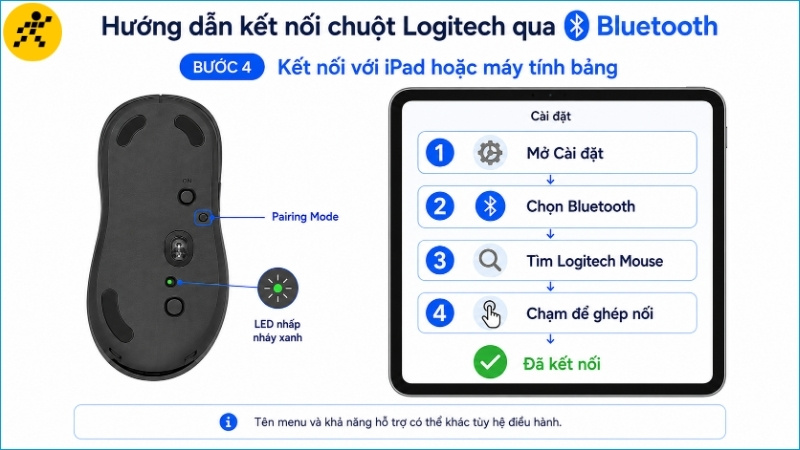 Bật Pairing Mode, mở Bluetooth tr&ecirc;n iPad hoặc tablet v&agrave; chọn chuột Logitech